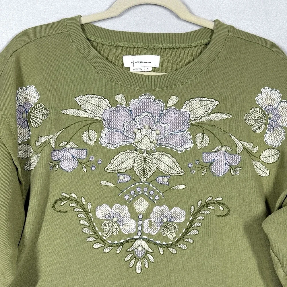 Anthropologie Top Womens Medium Floral Embroidered Sweatshirt Boxy Cropped Boho - Picture 2 of 12